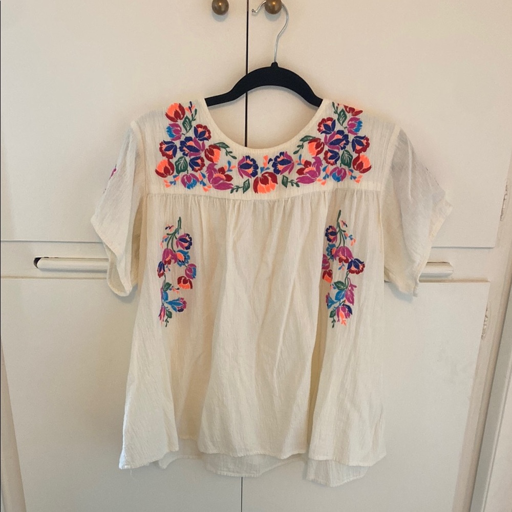 Cream and Pink Embellished Blouse with Bib Collar